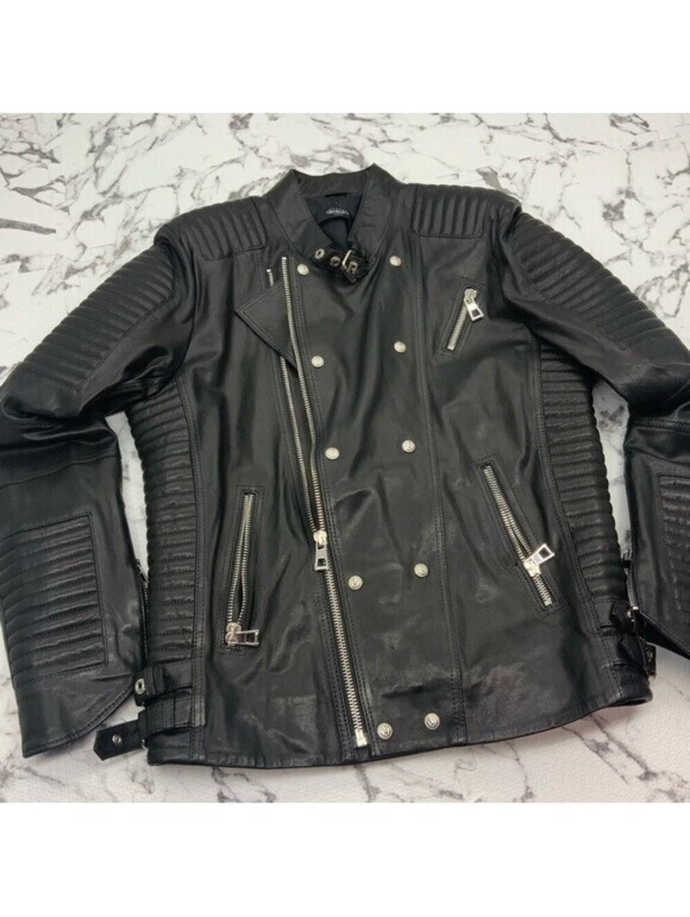 Men's Black Silver Motorcycle Lambskin Genuine Leather